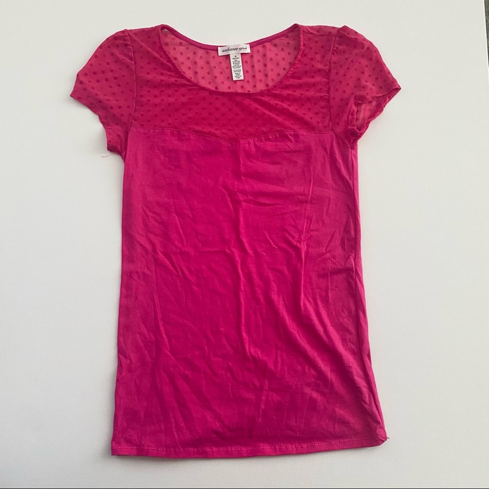 Ambiance Apparel Pink Polka Dot Mesh Yoke Top